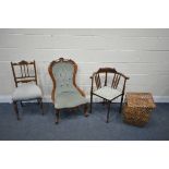 A VICTORIAN STYLE SPOON BACK CHAIR, along with an Edwardian corner chair, another Edwardian chair