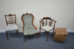 A VICTORIAN STYLE SPOON BACK CHAIR, along with an Edwardian corner chair, another Edwardian chair