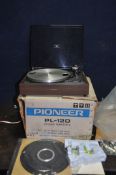 A VINTAGE PIONEER PL-12D TURNTABLE in original box and packaging, drive belt perished but table