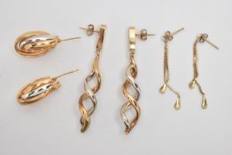 A PAIR OF 9CT GOLD EARRINGS AND TWO PAIRS OF YELLOW METAL EARRINGS, a pair of Italian tri colour