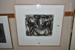 AN UNSIGNED PRINT IN THE MANNER OF MARC CHAGALL, depicting nude male and female figures with a