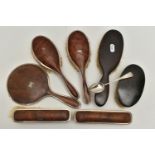 A SILVER AND IMITATION TORTOISESHELL DRESSING TABLE SET ETC., including four hair brushes and a hand