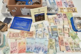 A BOX CONTAINING COINS AND BANKNOTES TO INCLUDE: A Charles 11 1668 Vicesimo Crown Coin,Amounts of