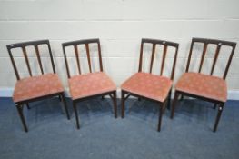 A SET OF FOUR MID CENTURY AFROMOSIA TEAK CHAIRS, with pink upholstered seats (condition report: -