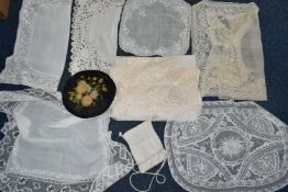 A BOX OF ASSORTED VICTORIAN TEXTILES, including a cream silk and lace shawl, a Normandy lace mat,
