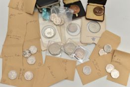 A CARDBOARD BOX OF COINS, to include two Canada 1967 One Dollar coins .800 silver, two boxed Queen