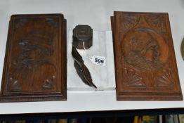 AN ART DECO STYLE BRONZED AND WHITE MARBLE DESK STAND AND TWO EARLY 20TH CENTURY CARVED TREEN