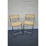 A PAIR OF MARCEL BREUER BEECH AND CHROME HIGH CHAIRS, with bergère seats and back, stamped made in
