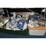 FIVE BOXES OF CERAMICS AND GLASSWARE, to include a large cream bread bin, Wedgwood 'Ice Rose'