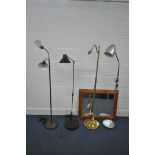 FOUR VARIOUS FLOOR LAMPS, including a brass lamp, along with a pine wall mirror (condition