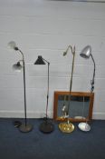 FOUR VARIOUS FLOOR LAMPS, including a brass lamp, along with a pine wall mirror (condition