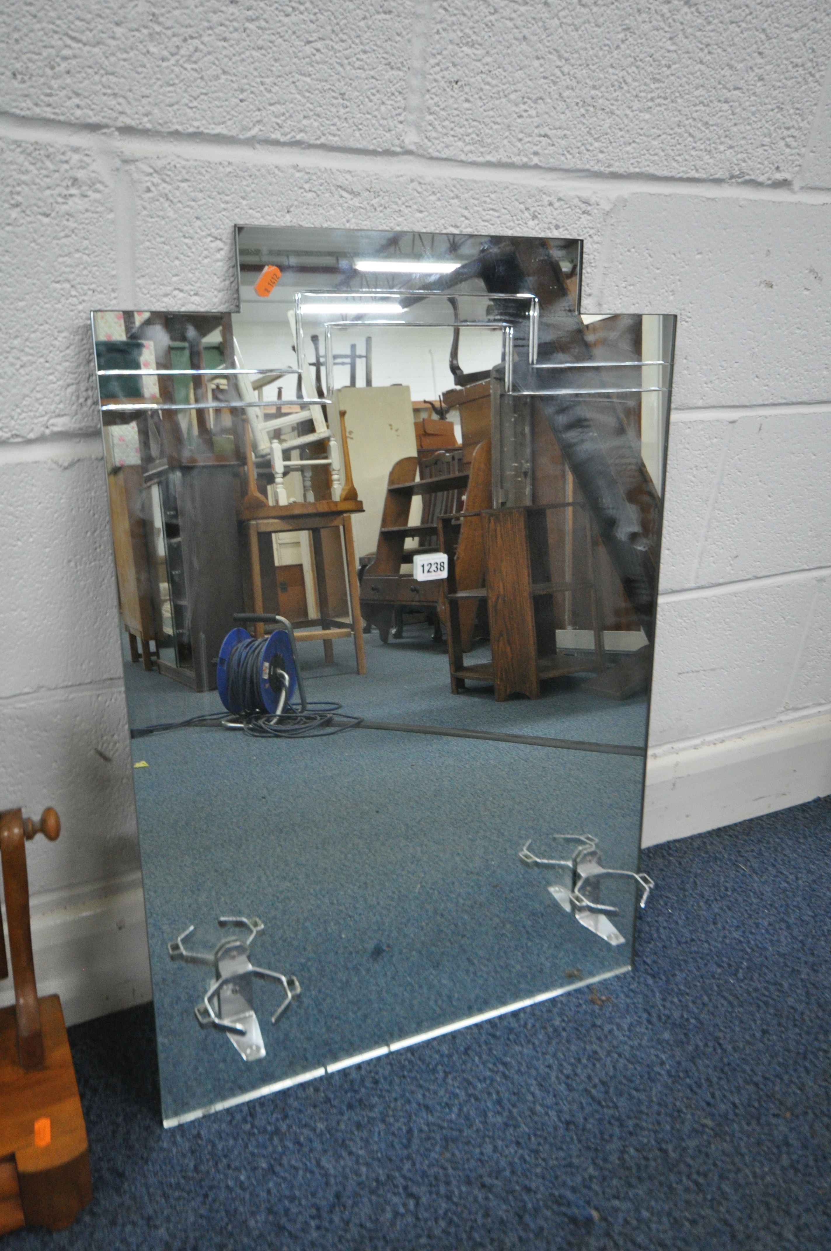 AN ART DECO BATHROOM MIRROR, with twin chrome holders, along with a Victorian swing mirror, a - Image 2 of 3