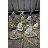 A SELECTION OF VARIOUS WEATHER COMPOSITE GARDEN FIGURES, to include owls, rabbits, dogs, dragons,
