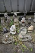 A SELECTION OF VARIOUS WEATHER COMPOSITE GARDEN FIGURES, to include owls, rabbits, dogs, dragons,