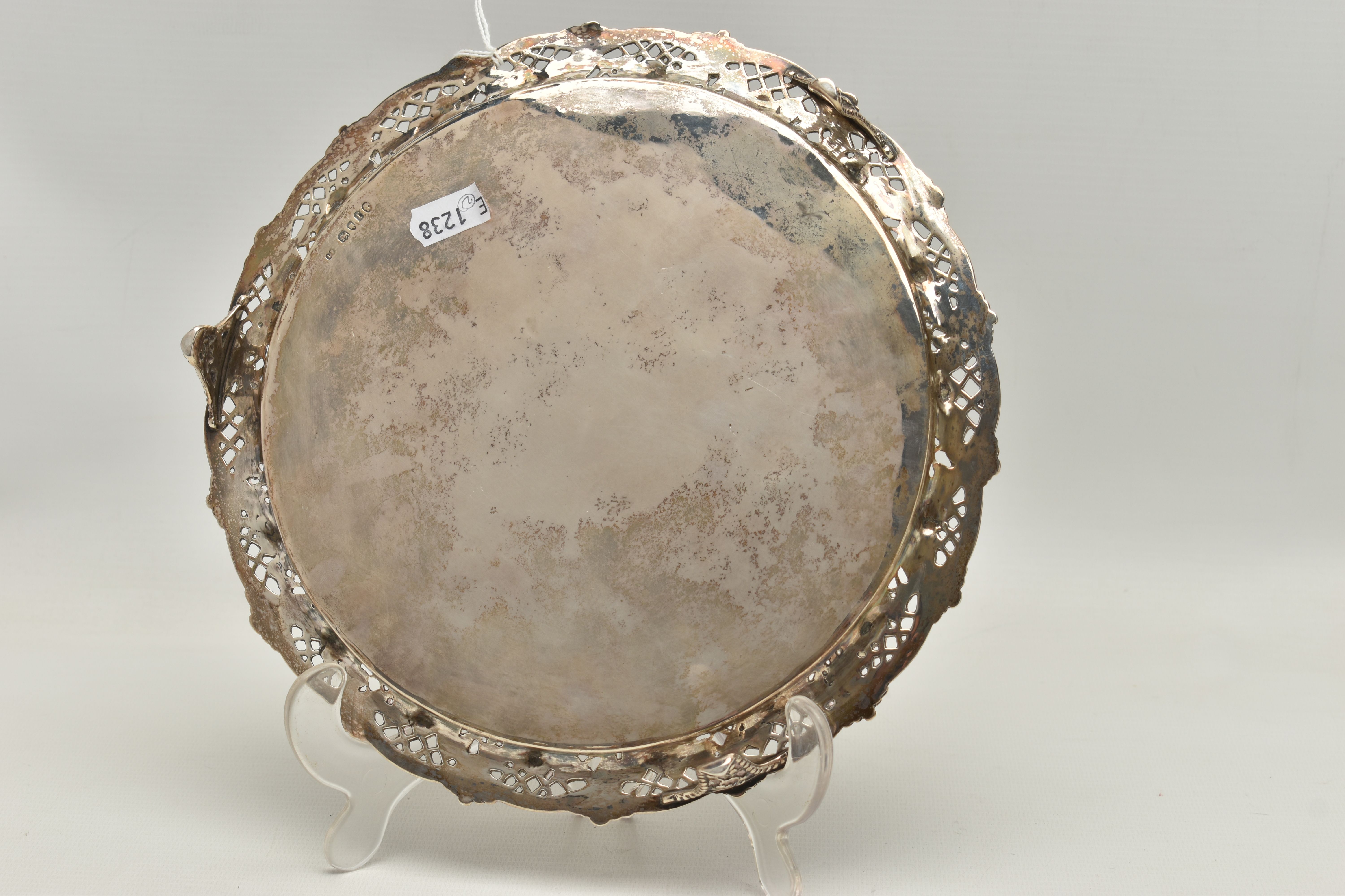 A VICTORIAN SILVER SALVER WITH A WAVY, BEADED, PIERCED AND FOLIATE CAST BORDER, worn foliate - Image 4 of 6