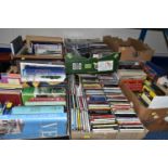 SEVEN BOXES OF BOOKS, CDs and DVDs (quantity) books are a miscellaneous collection of hardback an