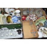 THREE BOXES AND LOOSE CERAMICS AND GLASSWARE, including a box containing five 'Whitefriars Sundae