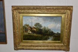 A LATE 19TH / EARLY 20TH CENTURY ENGLISH SCHOOL LANDSCAPE, to the foreground is a river with a