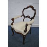 A VICTORIAN MAHOGANY OPEN ARMCHAIR, with cream fabric (condition: -good)