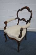 A VICTORIAN MAHOGANY OPEN ARMCHAIR, with cream fabric (condition: -good)