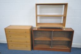A PINE CHEST OF FOUR LONG DRAWERS, width 80cm x depth 36cm x height 78cm, a similar open bookcase,
