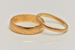 TWO 22CT GOLD BAND RINGS, the first with a worn engraved pattern, approximate width 4.5mm,