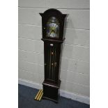 A MODERN FENCLOCKS MAHOGANY GRANDDAUGHTER CLOCK, with a brass and silvered dial, height 151cm, along