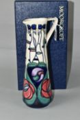 A BOXED MOORCROFT EWER, signed in gold by Rachel Bishop with impressed and blue painted Moorcroft