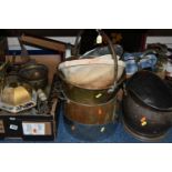 TWO BOXES AND LOOSE METAL WARES AND SUNDRY ITEMS, to include a copper helmet shaped coal scuttle,