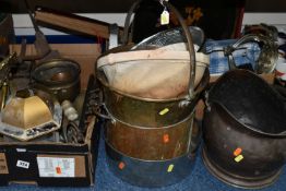 TWO BOXES AND LOOSE METAL WARES AND SUNDRY ITEMS, to include a copper helmet shaped coal scuttle,