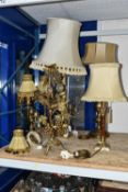 A GROUP OF BRASS TABLE LAMPS, together with a French Provincial grape and wheat sheaf harvest