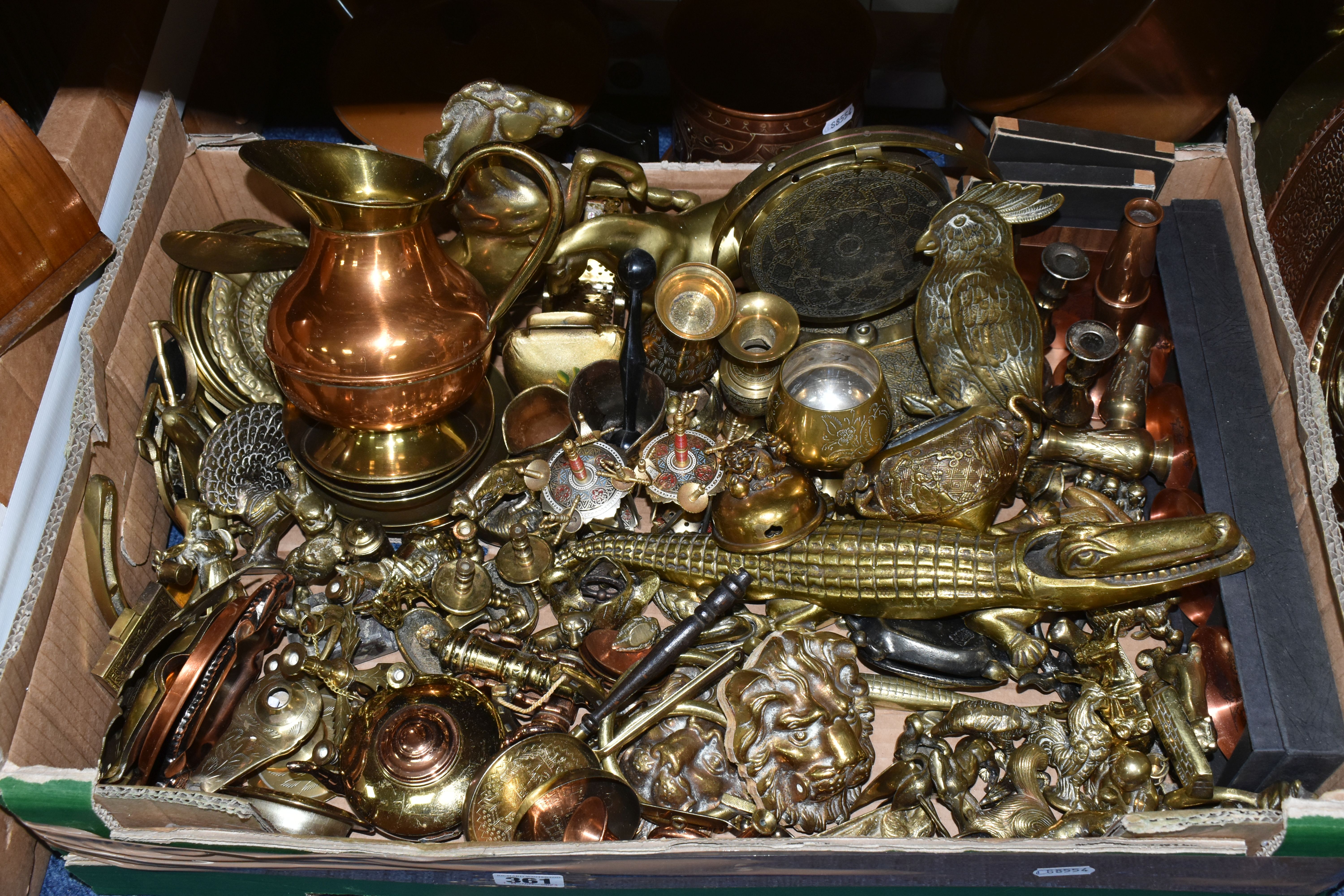 TWO BOXES AND LOOSE BRASS AND COPPER WARES, to include an art deco style copper teapot, kettle and