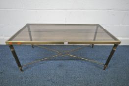 A LATE 20TH CENTURY FRENCH BRASS RECTANGULAR COFFEE TABLE, with a smoked glass insert, width 110cm x