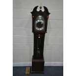 A COMITTI OF LONDON MAHOGANY CHIMING GRANDMOTHER CLOCK, the hood with a swan neck pediment, and