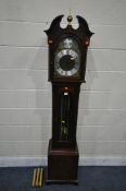 A COMITTI OF LONDON MAHOGANY CHIMING GRANDMOTHER CLOCK, the hood with a swan neck pediment, and