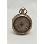 A LATE VICTORIAN SILVER PAIR CASE POCKET WATCH, key wound, round silver floral dial, gold tone Roman