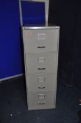 A VINTAGE METAL FOUR DRAWER FILING CABINET in grey finish with lock and one key