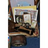 A BOX AND LOOSE CLOCK, WALKING STICKS AND SUNDRY ITEMS, to include a Smiths wooden cased mantel