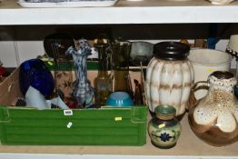 THREE BOXES OF MID -CENTURY CERAMICS AND GLASSWARE, to include a large West German Keramik floor
