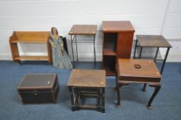 A SELECTION OF OCCASIONAL FURNITURE to include a square open bookcase, two metal framed side/lamp