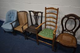 A SELECTION OF SIX VARIOUS CHAIRS, all of different ages and styles, to include a bergère elbow