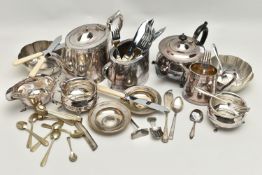 A BOX OF ASSORTED SILVER AND WHITE METAL ITEMS, to include two silver shallow dishes, hallmarked '