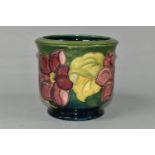 A MOORCROFT POTTERY PLANTER, tube lined with a pink Clematis pattern on a graduated green to