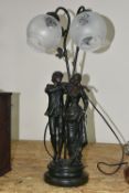 A LARGE FIGURAL TABLE LAMP, featuring a couple, the male figure is playing a violin, two etched