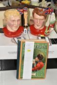 TWO BOXED ROYAL DOULTON LIMITED EDITION FOOTBALL CHARACTER JUGS, TWO PRINTS AND A 1920 'CHATTERBOX