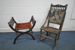 AN EARLY 20TH CENTURY MAHOGANY FOLDING CAMPAIGN STOOL, along with an Edwardian mahogany rocking