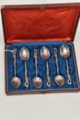 A CASED SET OF SIX JAPANESE NAGASAKI TEA SPOONS, white metal teaspoons with etched detail and