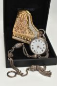A SWAROVSKI BROOCH AND A LADYS SILVER OPEN FACE POCKET WATCH WITH ALBERTINA, the brooch in the