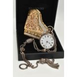 A SWAROVSKI BROOCH AND A LADYS SILVER OPEN FACE POCKET WATCH WITH ALBERTINA, the brooch in the