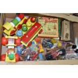 ONE BOX OF VINTAGE TOYS, to include a string puppet clown (appears hand-made), a red and yellow